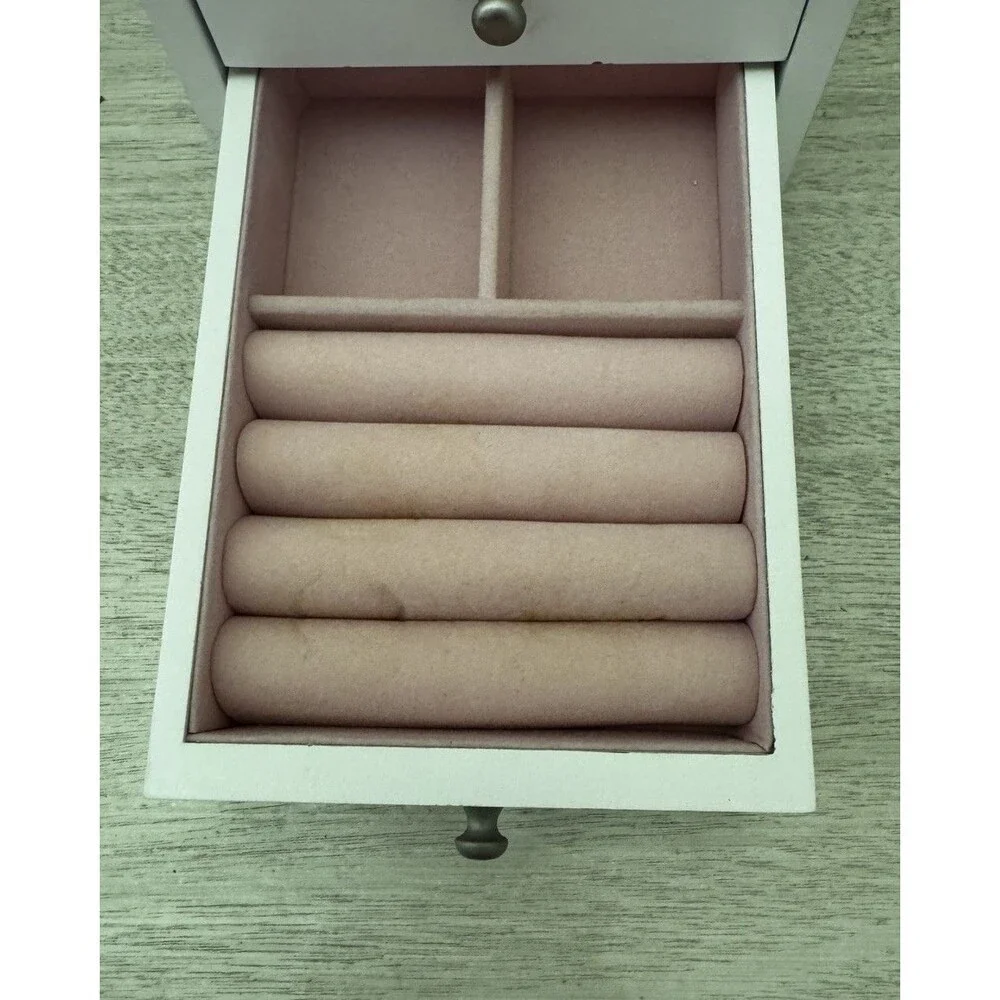 White Wood Jewelry Box 3 Drawers Mirror Ring Rolls Picture Frame 